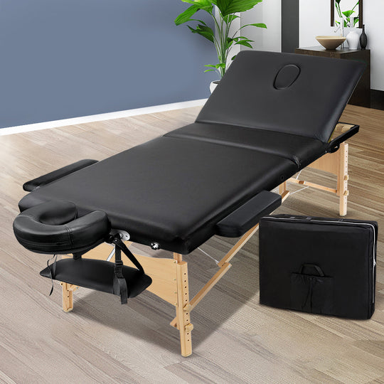 Black colour - Massage Table 70Cm Portable 3 Fold Wooden Beauty Bed Black