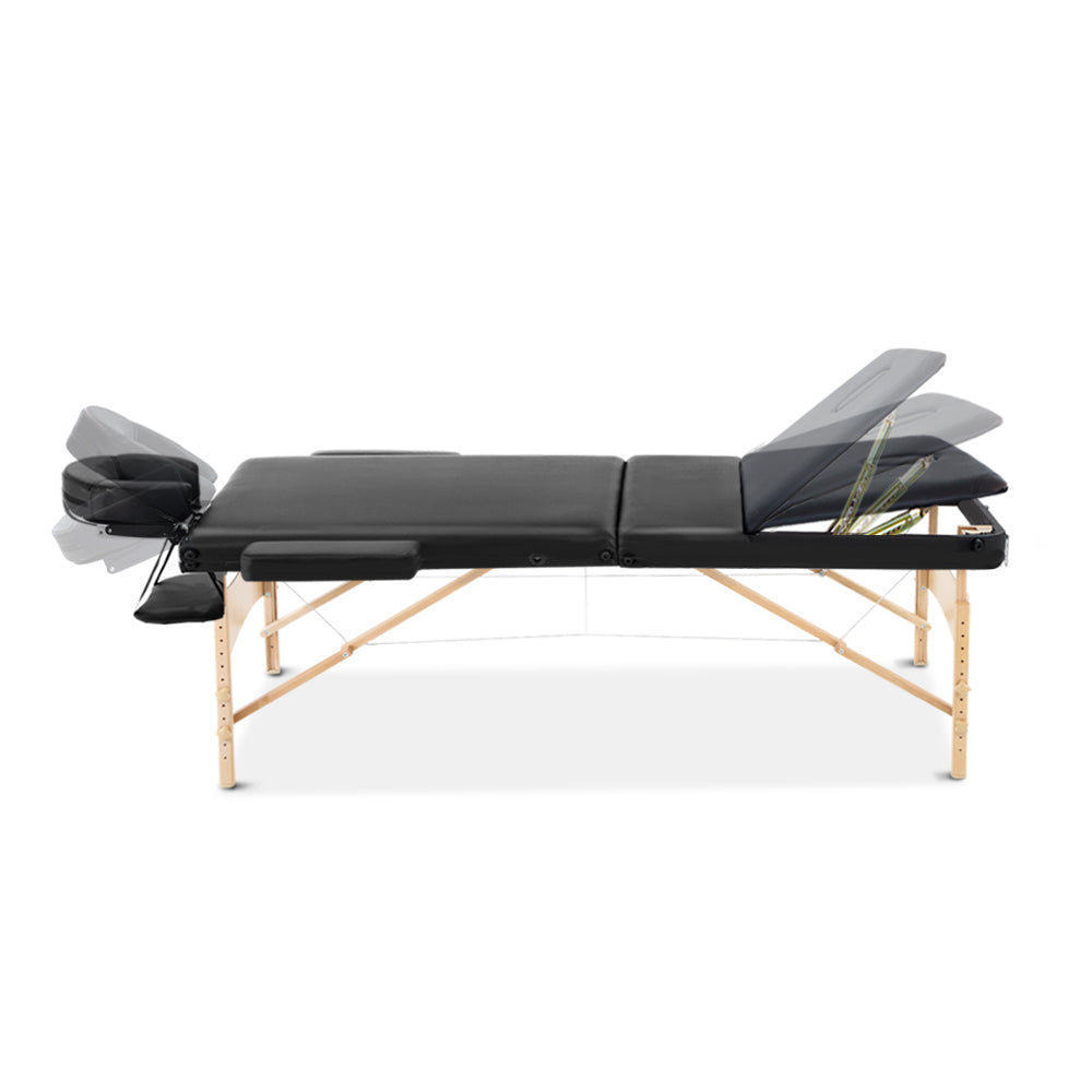 Massage Table 70Cm Portable 3 Fold Wooden Beauty Bed Black