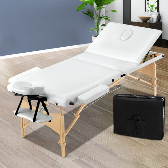 Massage Table 70Cm Portable 3 Fold Wooden Beauty Bed White - Massage Tables