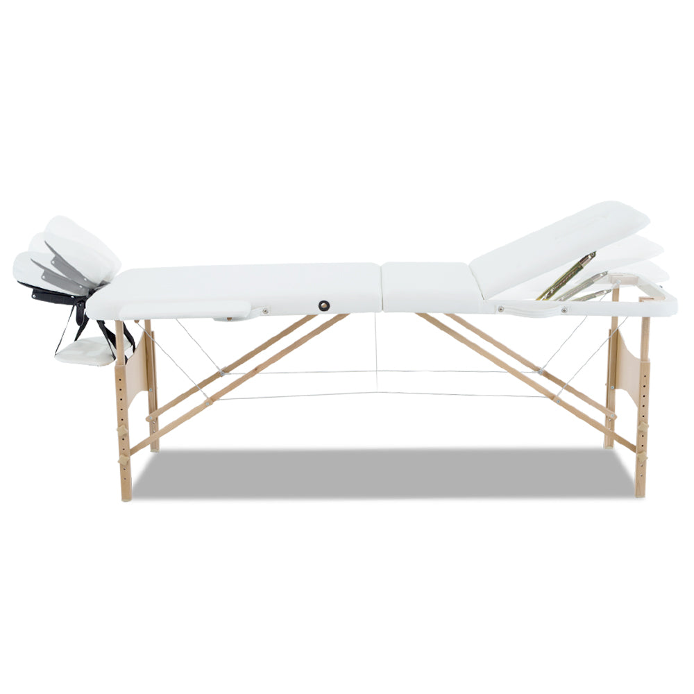 Massage Table 70Cm Portable 3 Fold Wooden Beauty Bed White
