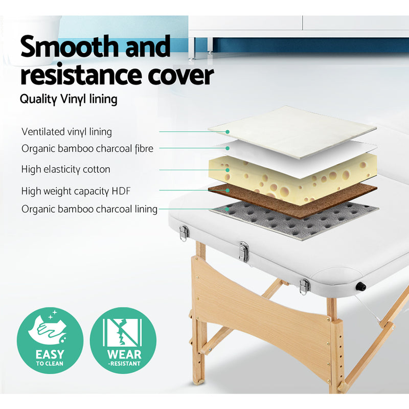 Massage Table 70Cm Portable 3 Fold Wooden Beauty Bed White