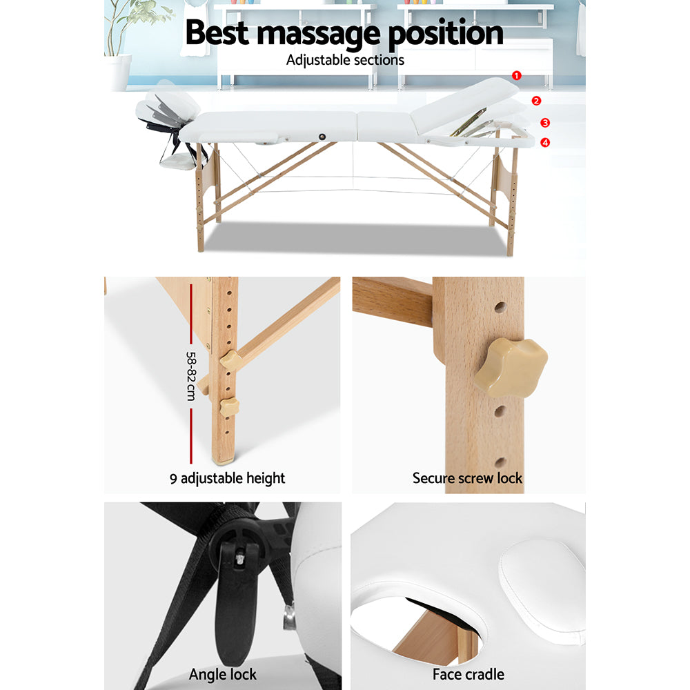 Massage Table 70Cm Portable 3 Fold Wooden Beauty Bed White