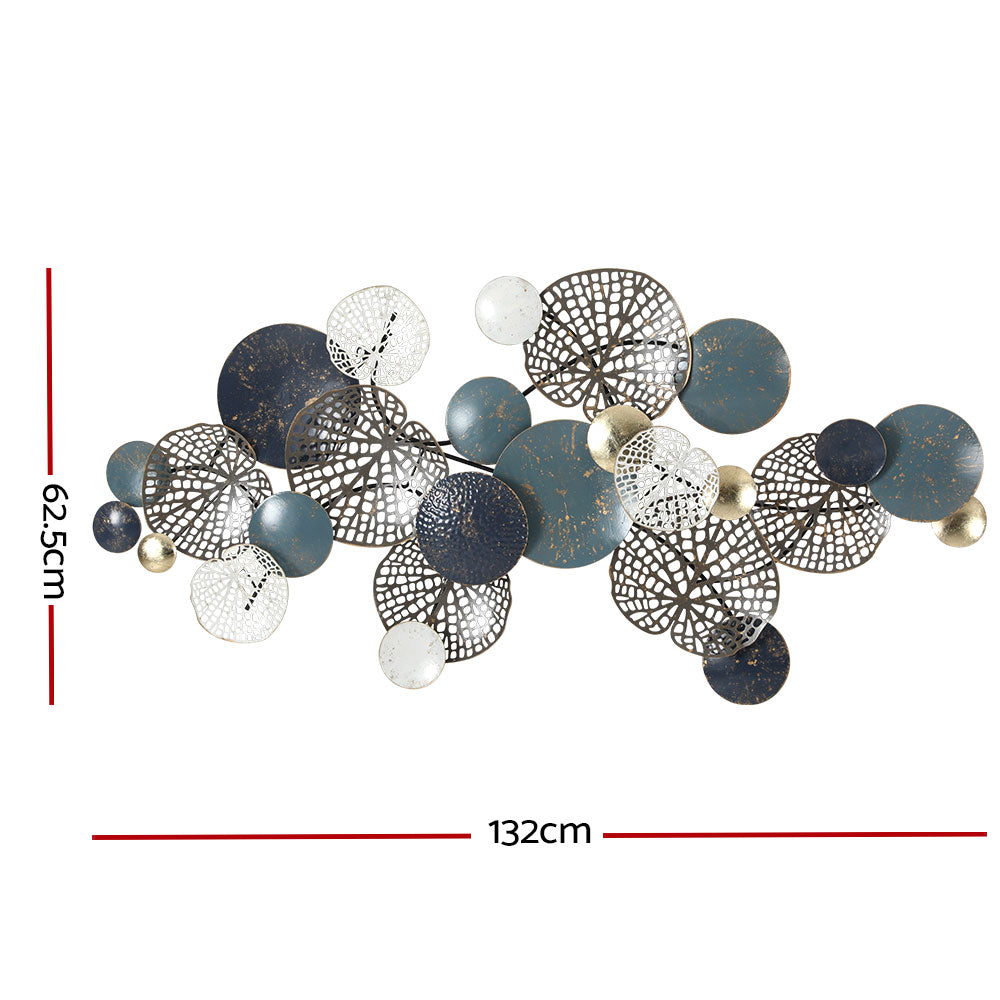 Metal Wall Art Hanging Sculpture 132Cm Home Decor Leaf Circles Blue | Blue colour
