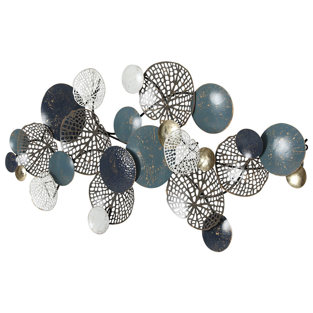 Metal Wall Art Hanging Sculpture 132Cm Home Decor Leaf Circles Blue, Metal finish