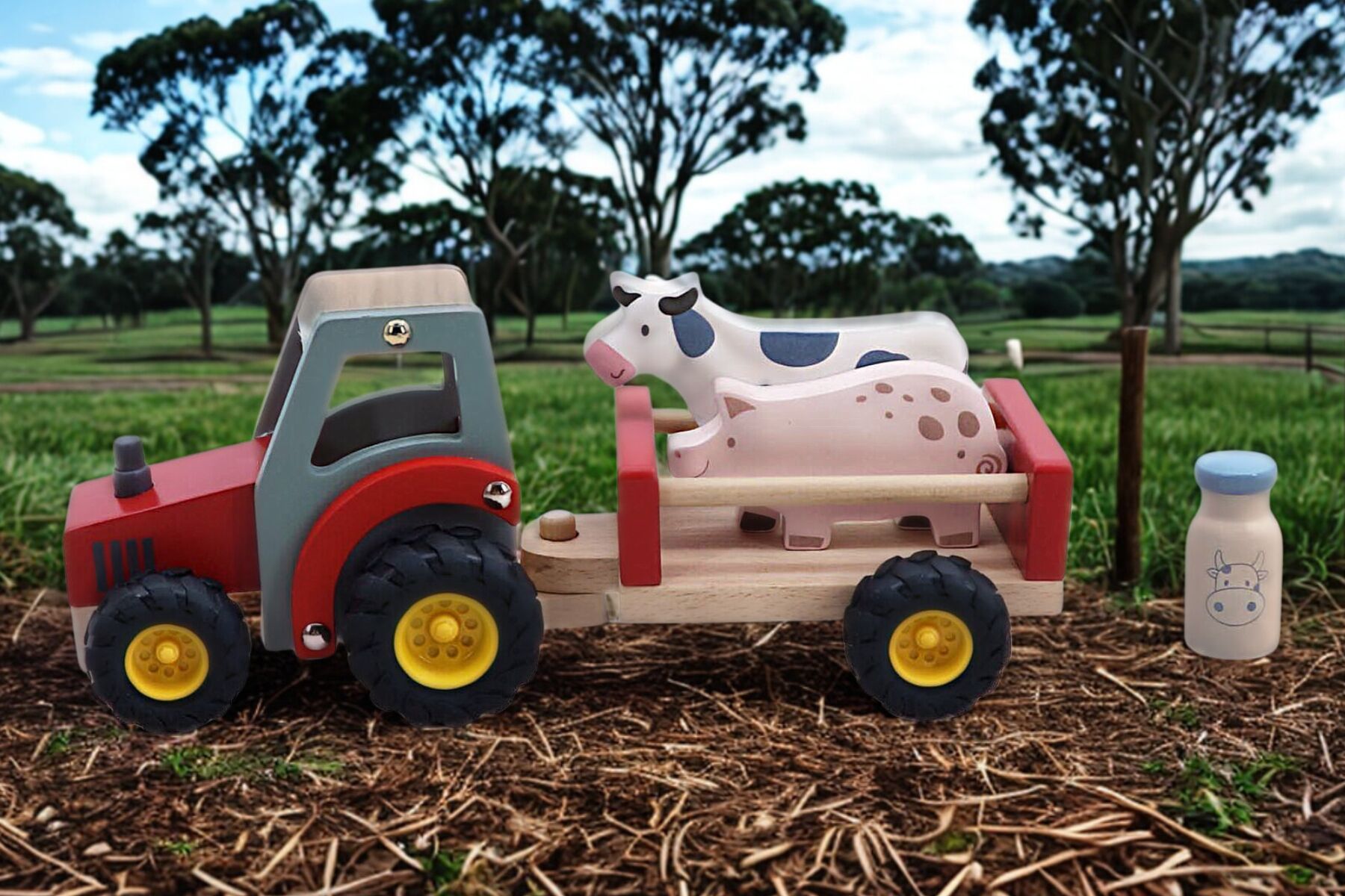 Wooden Tractor Red Farm Toy