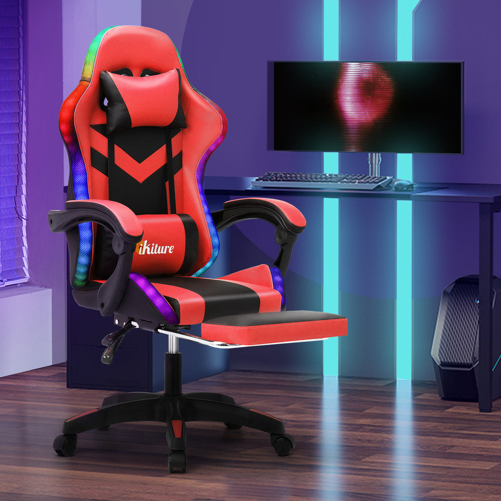 Gaming Chair 7 RGB LED 8 Points Massage Racing Recliner Office Computer Black