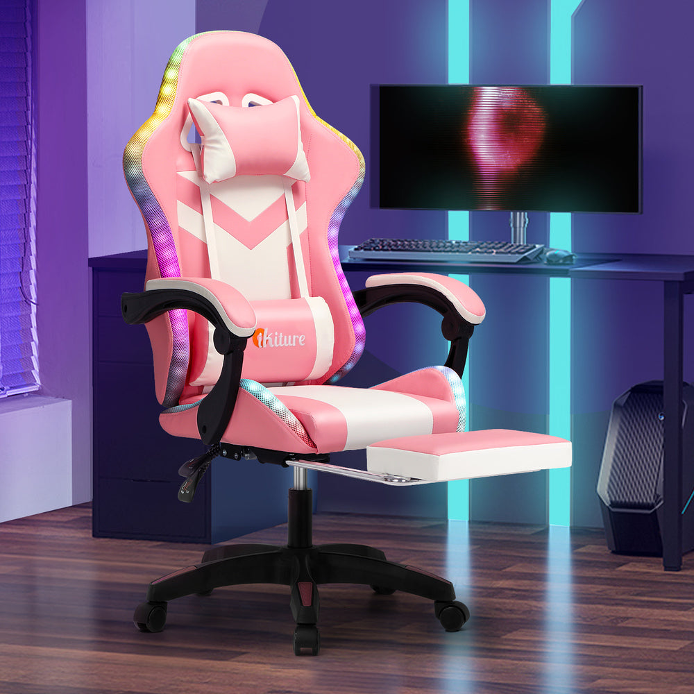Gaming Chair 7 RGB LED 8 Points Massage Racing Recliner Office Computer Black