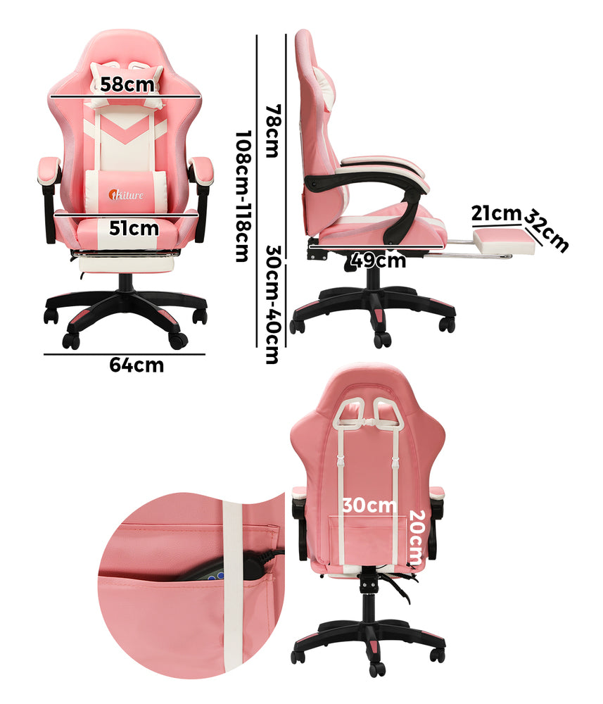 Gaming Chair 7 RGB LED 8 Points Massage Racing Recliner Office Computer Black