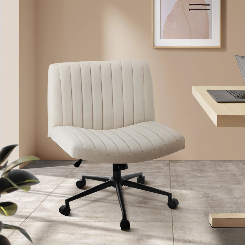 Mid Back Office Chair Wide Seat with Wheels Linen Beige/Grey with Office Chair