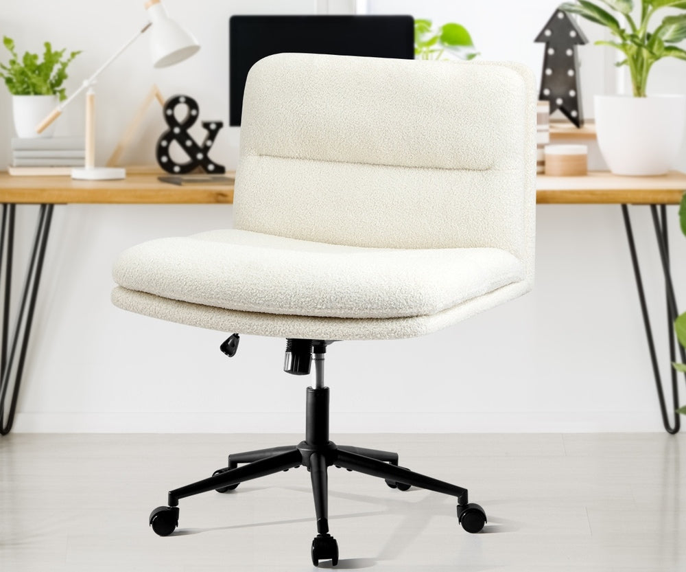 Mid Back Armless Office Chair Wide Seat Boucle White