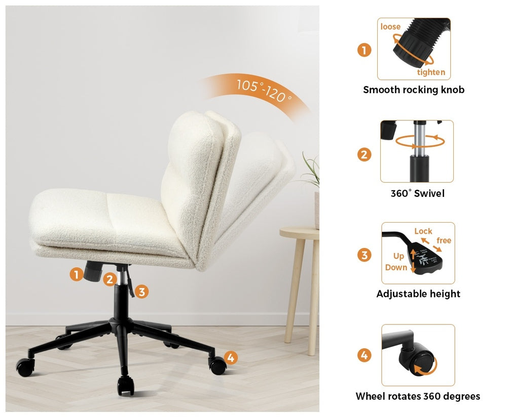Mid Back Armless Office Chair Wide Seat Boucle White