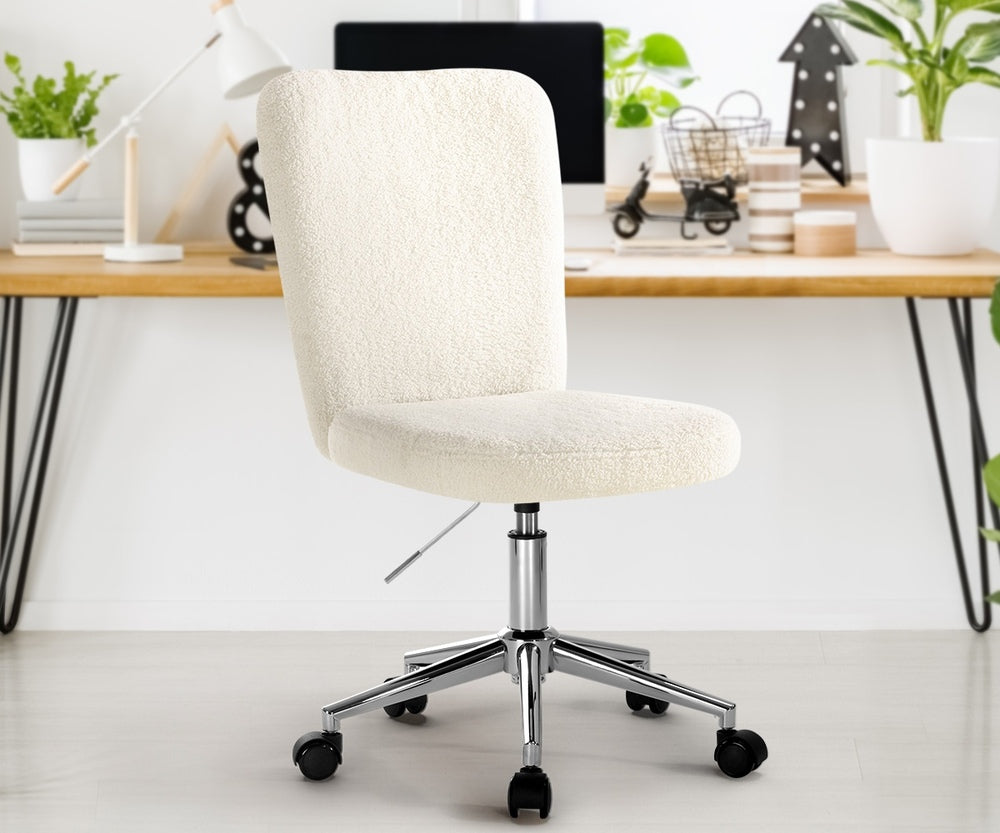 High Back Armless Office Chair Boucle White, Black, & Silver