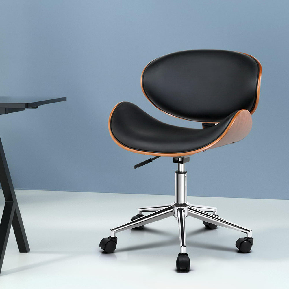 Black Leather Seat Wooden Office Chair Durable Frame