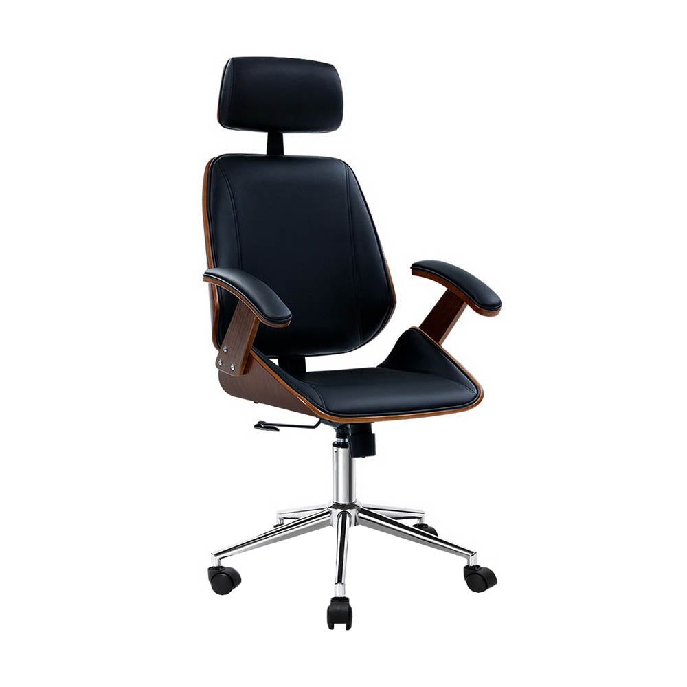 Black Leather Seat Wooden Office Chair Ergonomic Style