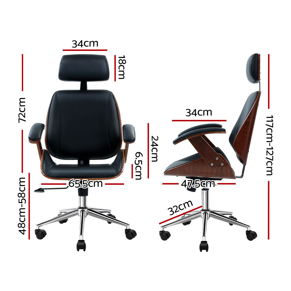 Black Leather Seat Wooden Office Chair Ergonomic Style