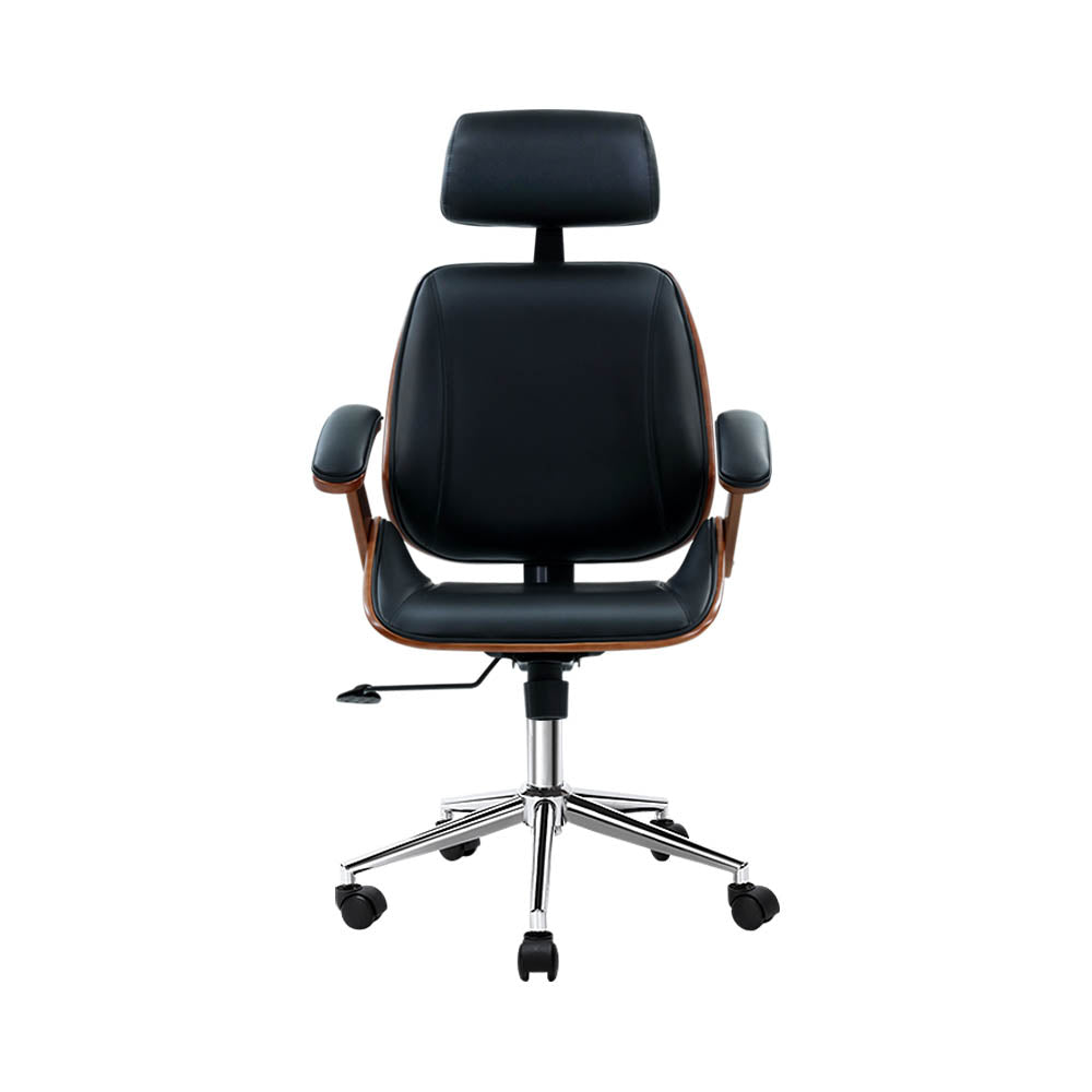 Black Leather Seat Wooden Office Chair Ergonomic Style