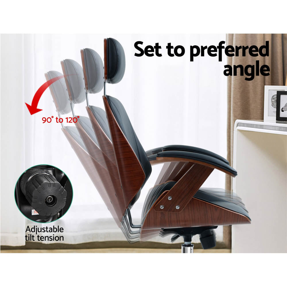 Black Leather Seat Wooden Office Chair Ergonomic Style