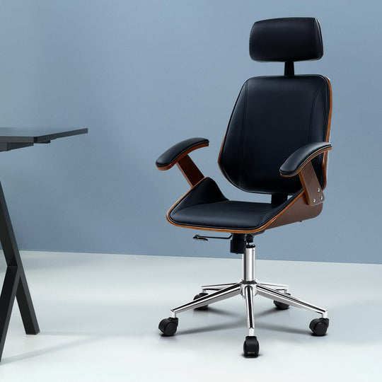 Black Leather Seat Wooden Office Chair Ergonomic Style - Artiss Computer Gaming Chairs