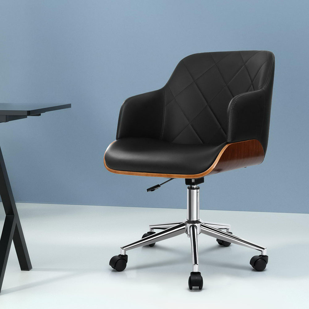 Wooden Office Chair Computer PU Leather Desk Chairs Executive Black