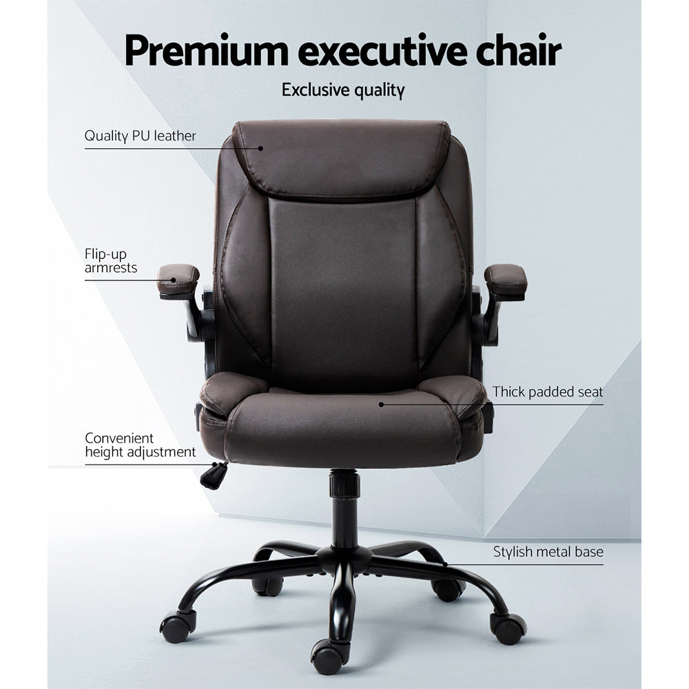 Brown Leather Executive Office Chair Mid Back Ergonomic Home Office Chair