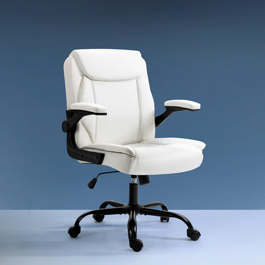 Executive Mid-Back Office Chair White Comfortable - Leather Computer Chairs Gaming