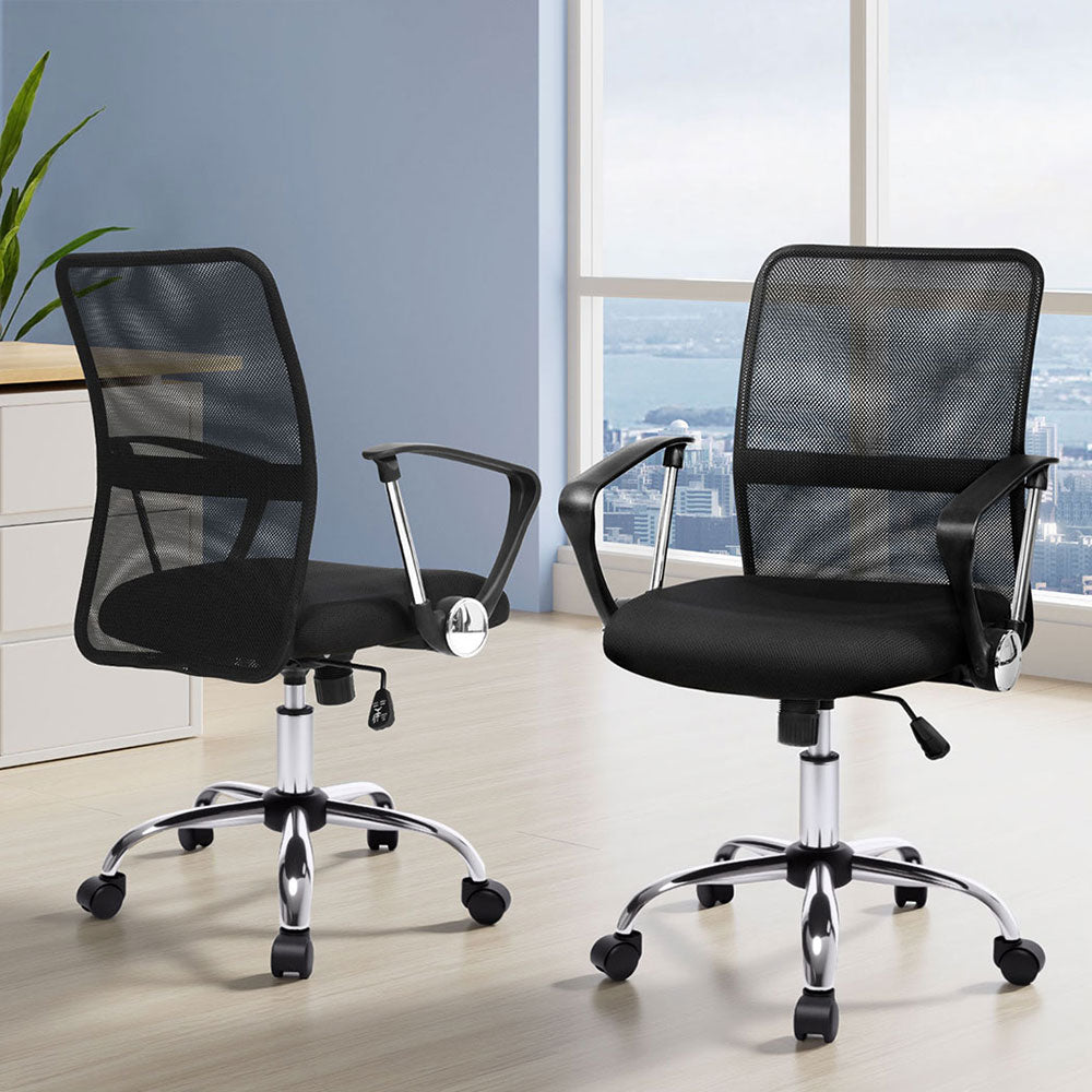 2x Black Mesh Mid-Back Office Chairs for Comfortable Seating