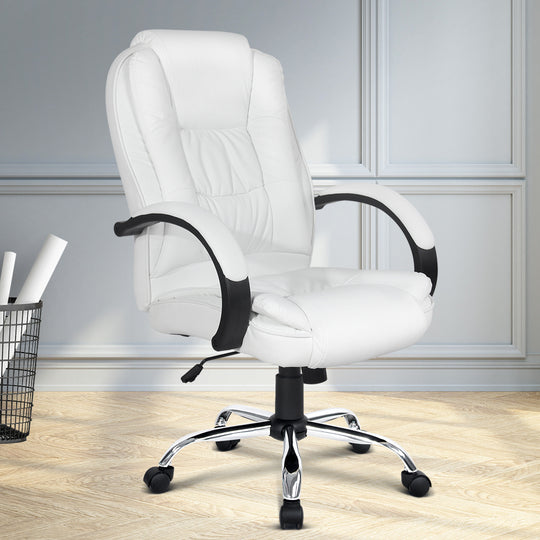 Executive Office Chair Leather Tilt White | Padded Desk Computer Ochair