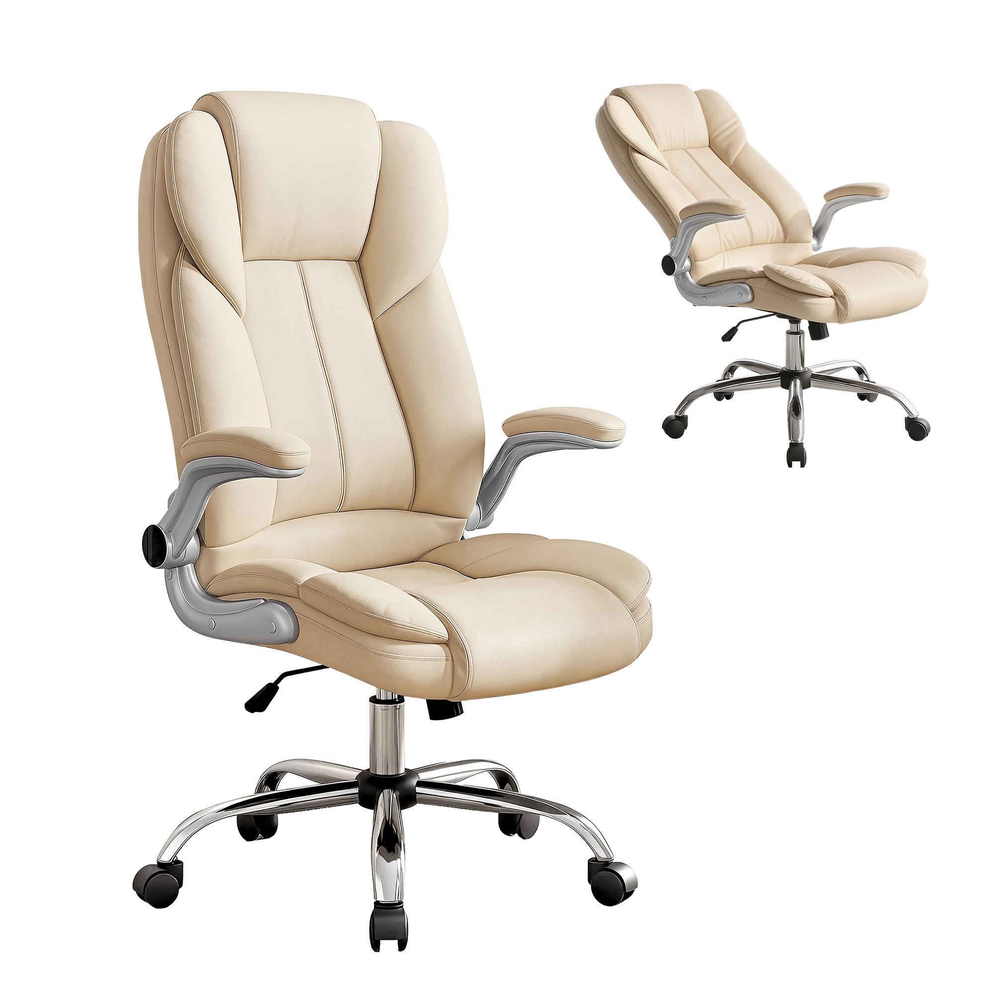 Beige Leather Executive Office Chair Tilt Adjustable