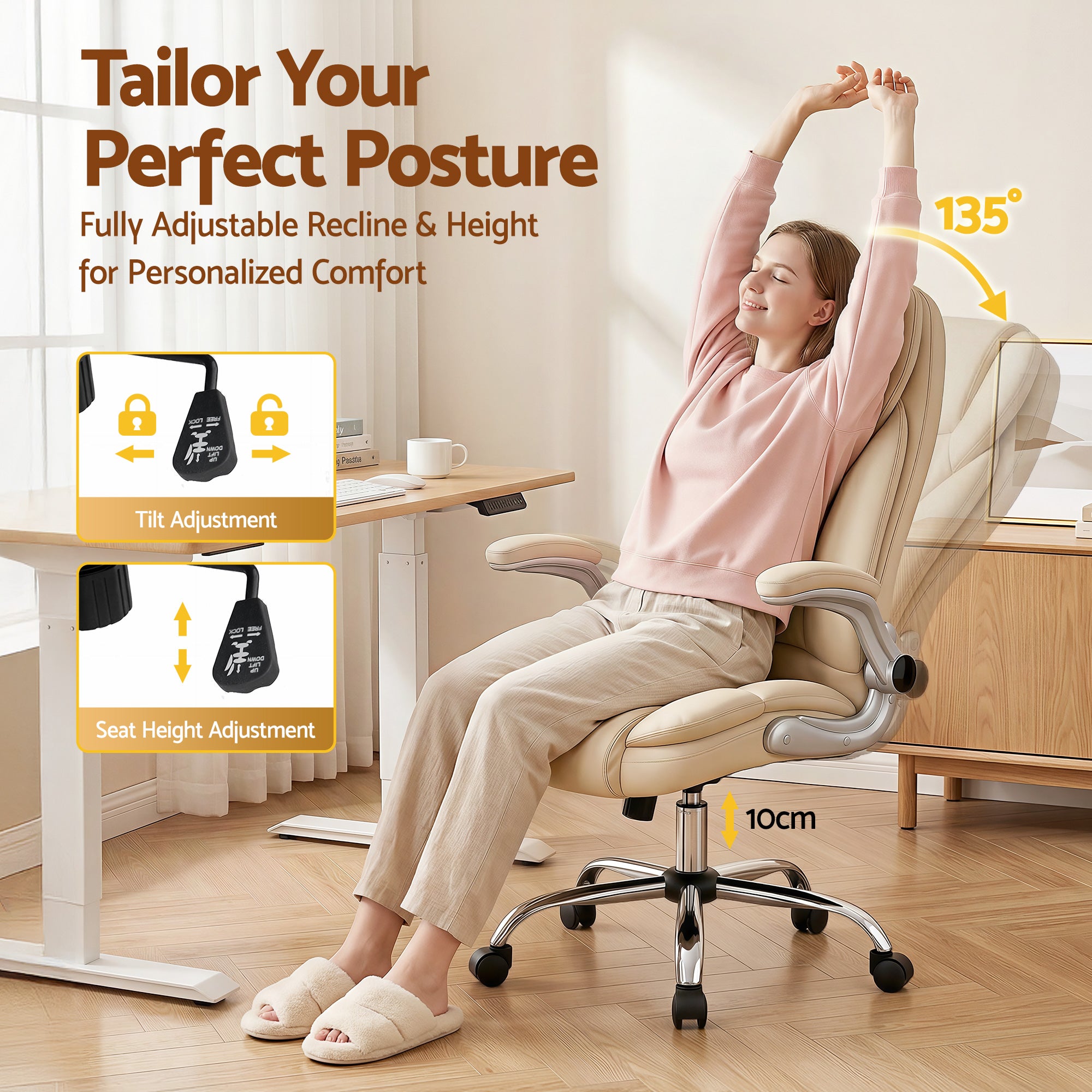 Beige Leather Executive Office Chair Tilt Adjustable