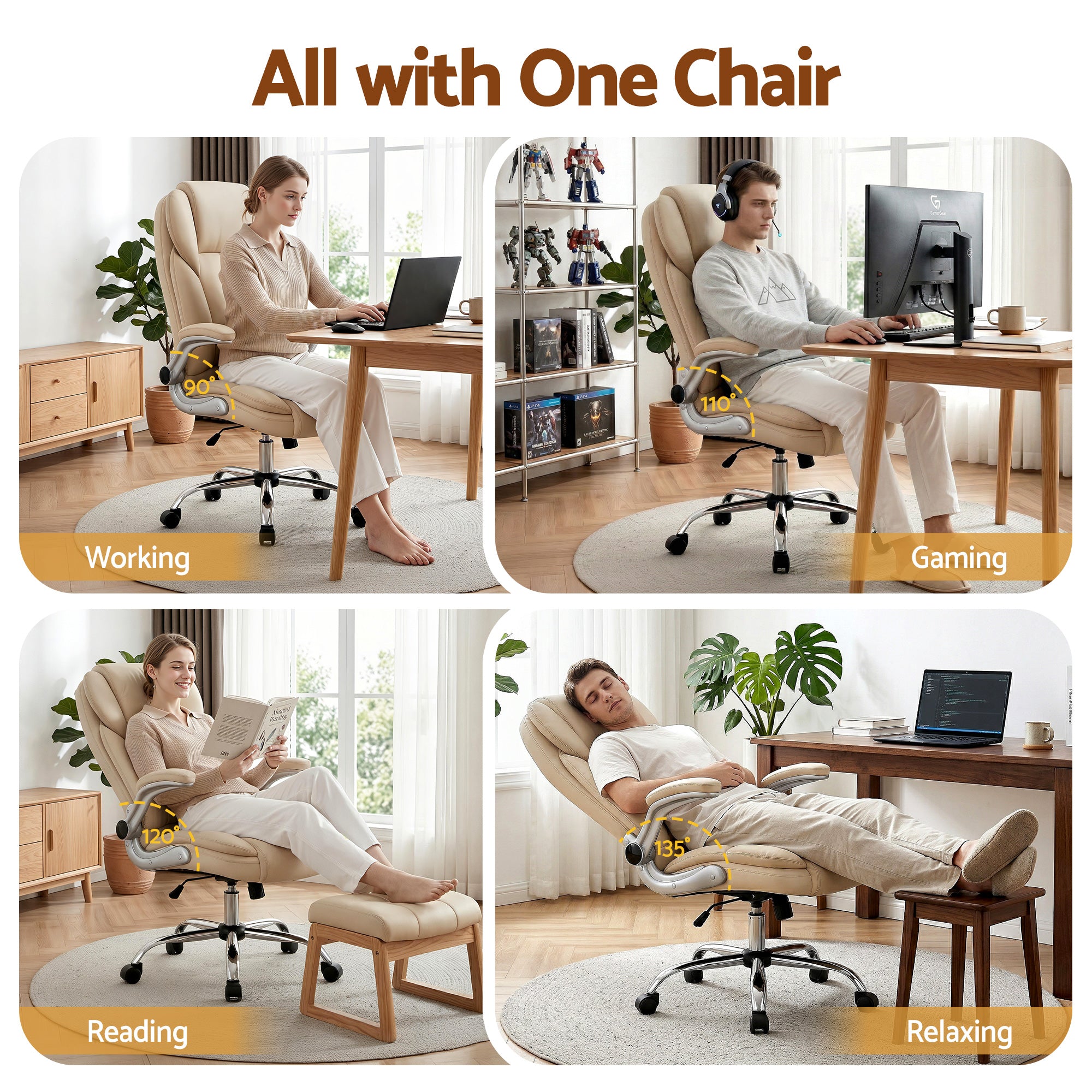 Beige Leather Executive Office Chair Tilt Adjustable