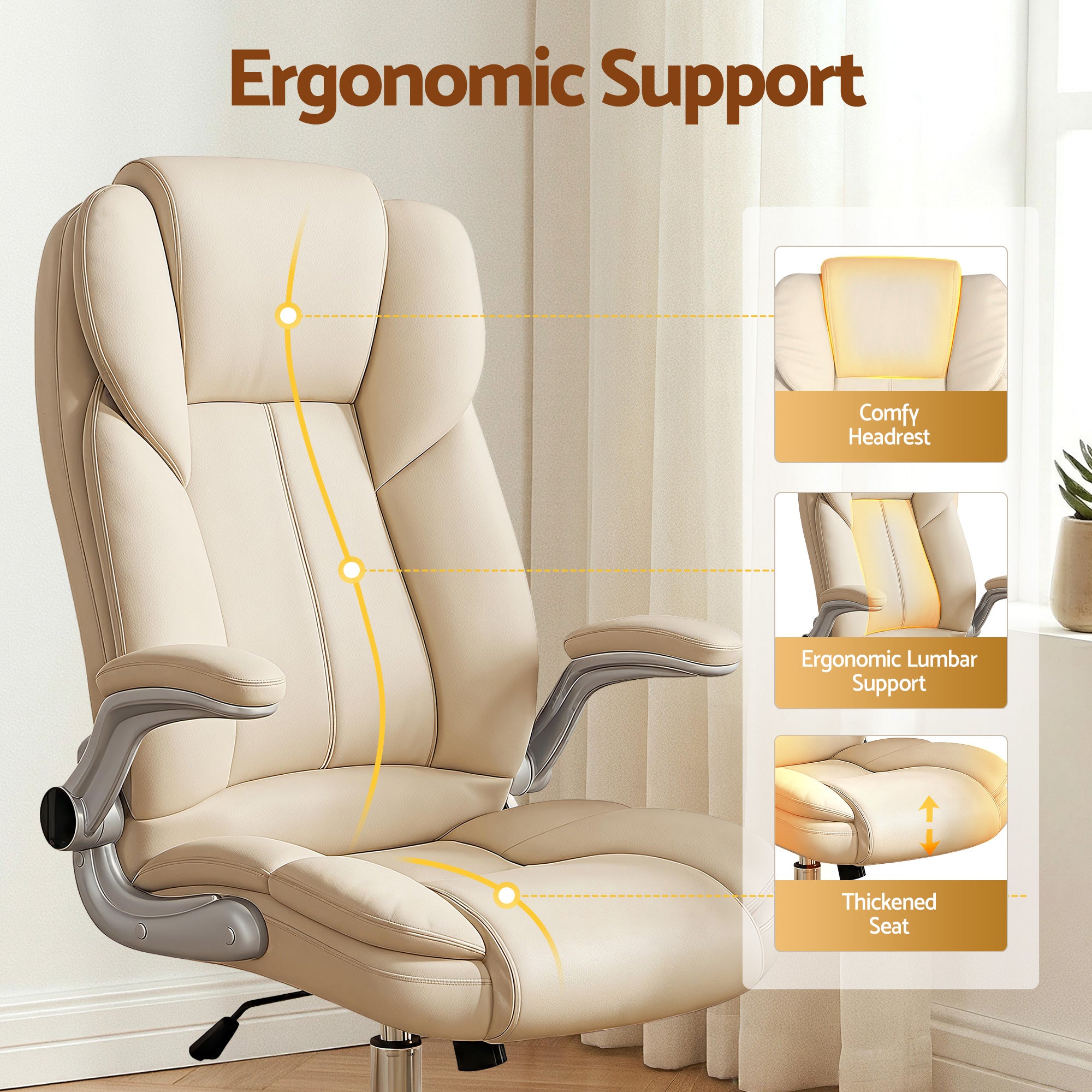 Beige Leather Executive Office Chair Tilt Adjustable