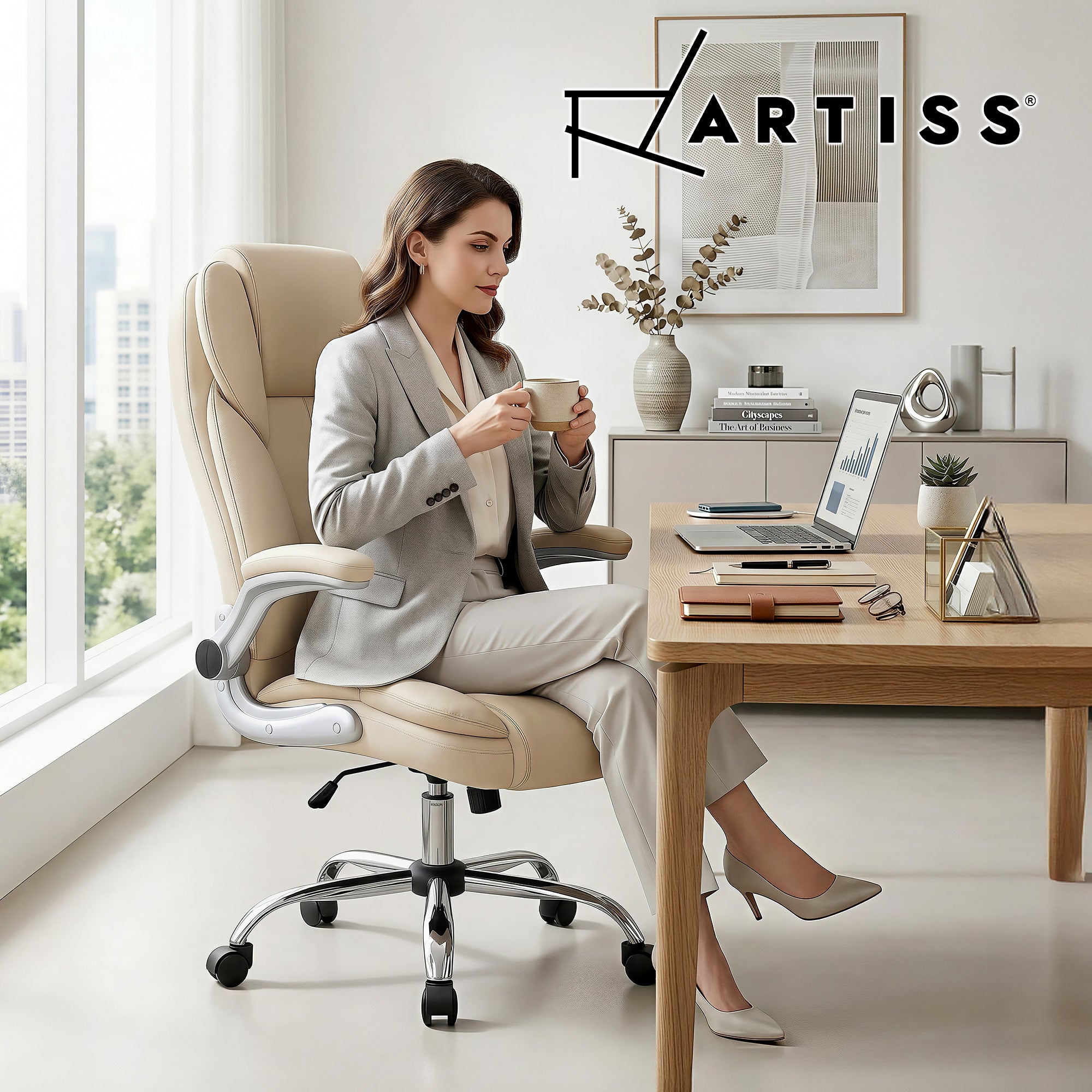 Beige Leather Executive Office Chair Tilt Adjustable