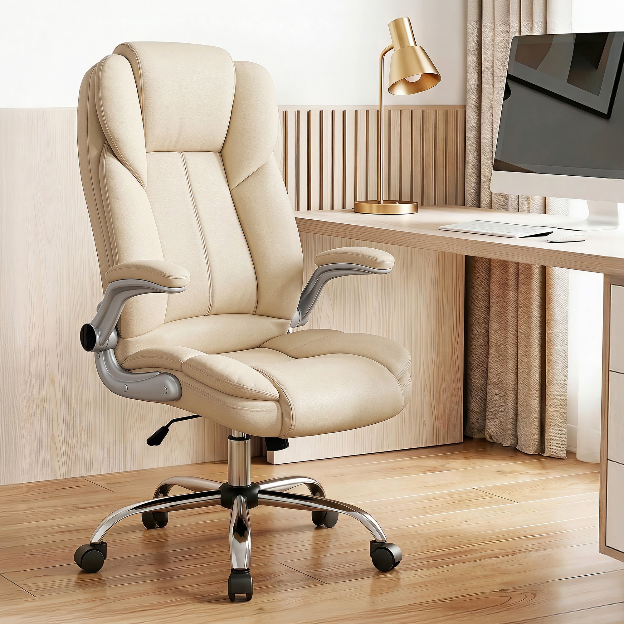 Beige Leather Executive Office Chair Tilt Adjustable