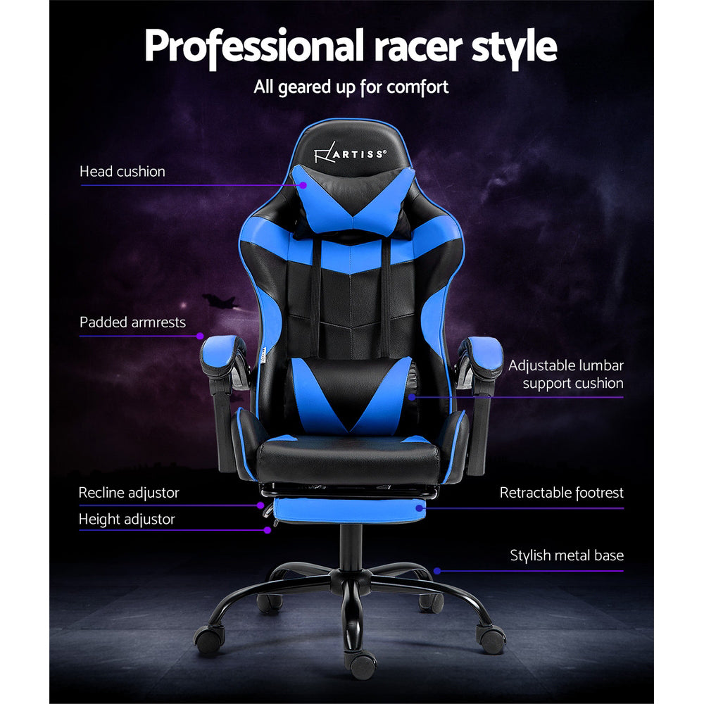Gaming Office Chair Recliner with Footrest Ergonomic Swivel Blue Chair