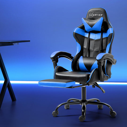 Office Chair Leather Gaming Chairs Footrest Recliner Blue