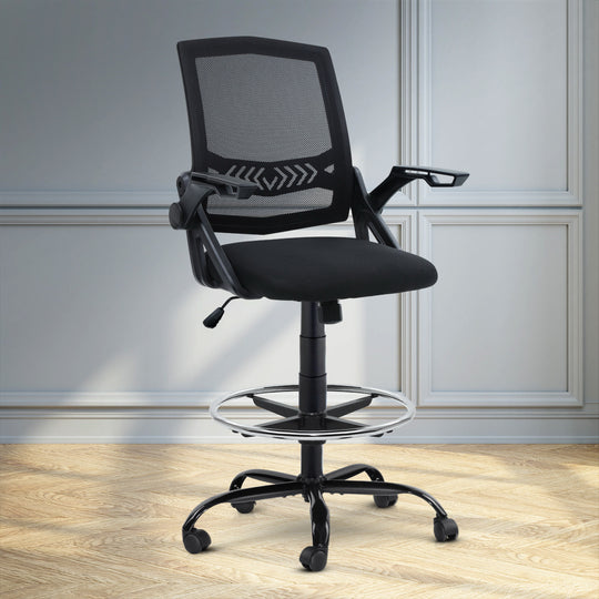 Office Chair Drafting Stool Mesh Chairs Black - Artiss Veer Flip Armrest