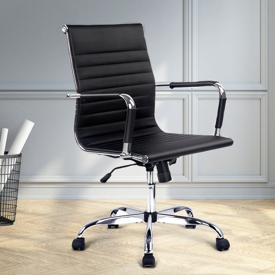 Office Chair Conference Chairs PU Leather Mid Back Black - Gaming Ochair
