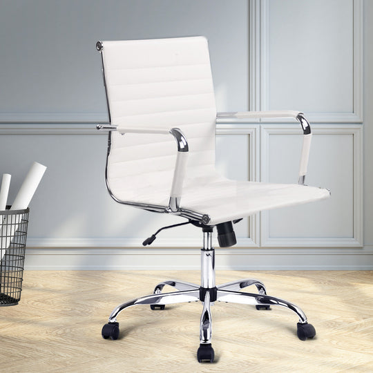 Office Chair Conference Chairs PU Leather Mid Back White - Gaming Ochair