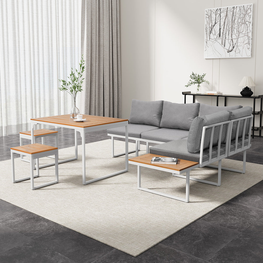 6 Seater Outdoor Dining Sofa Set Lounge Furniture Grey & White