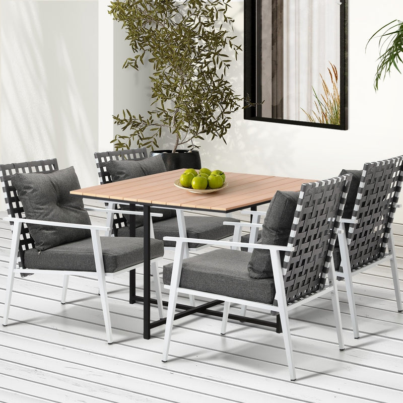 5PCS Outdoor Dining Set Wood-plastic Table and Rattan Chairs, Wood finish