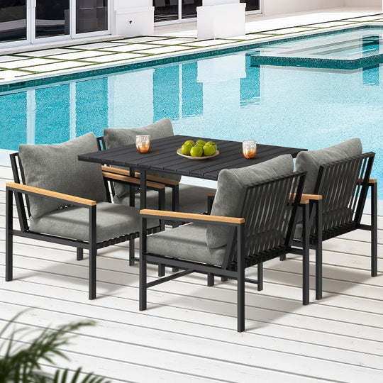 Sleek Outdoor Dining Set Black Table and Chairs 5PCS, 5Pcs