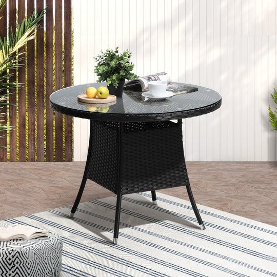 Outdoor Dining Table 90CM Round Rattan Glass Table Patio