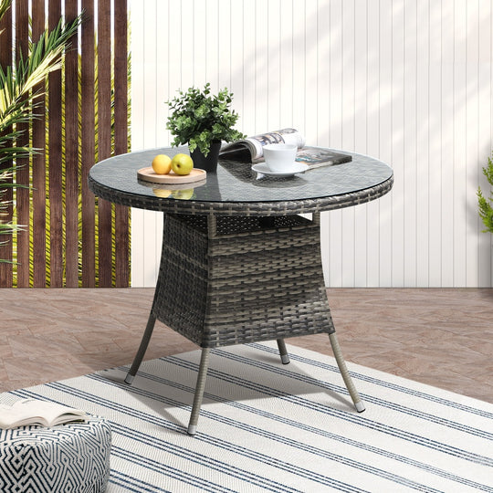 90CM Outdoor Dining Table Round Rattan Glass Table Patio
