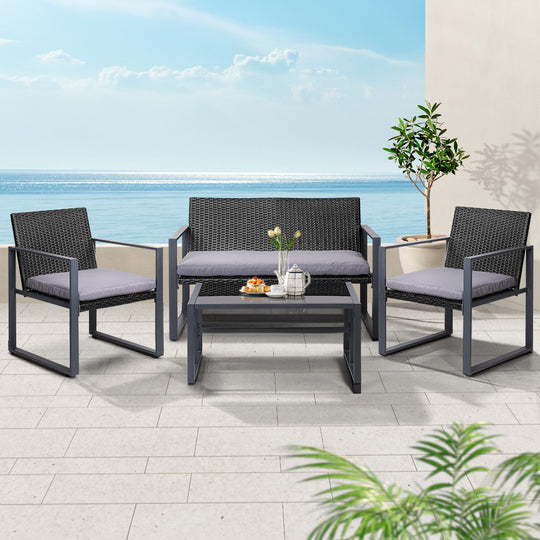 4 Pcs Outdoor Sofa Set Rattan Furniture Glass Top Table Chairs Black - Gardeon Patio Chair Odf