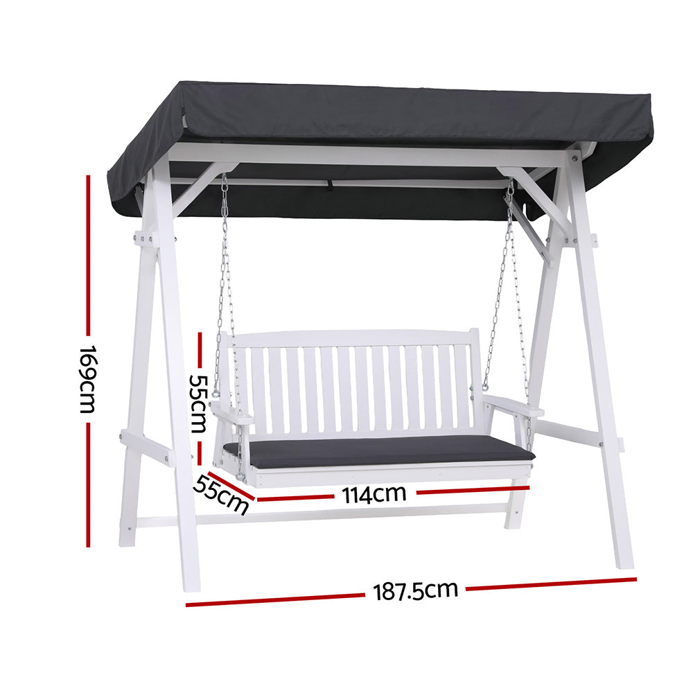 White colour - Outdoor Wooden Swing Chair Garden Bench Canopy Cushion 3 Seater White