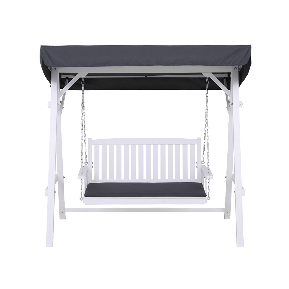 Wooden finish - Outdoor Wooden Swing Chair Garden Bench Canopy Cushion 3 Seater White