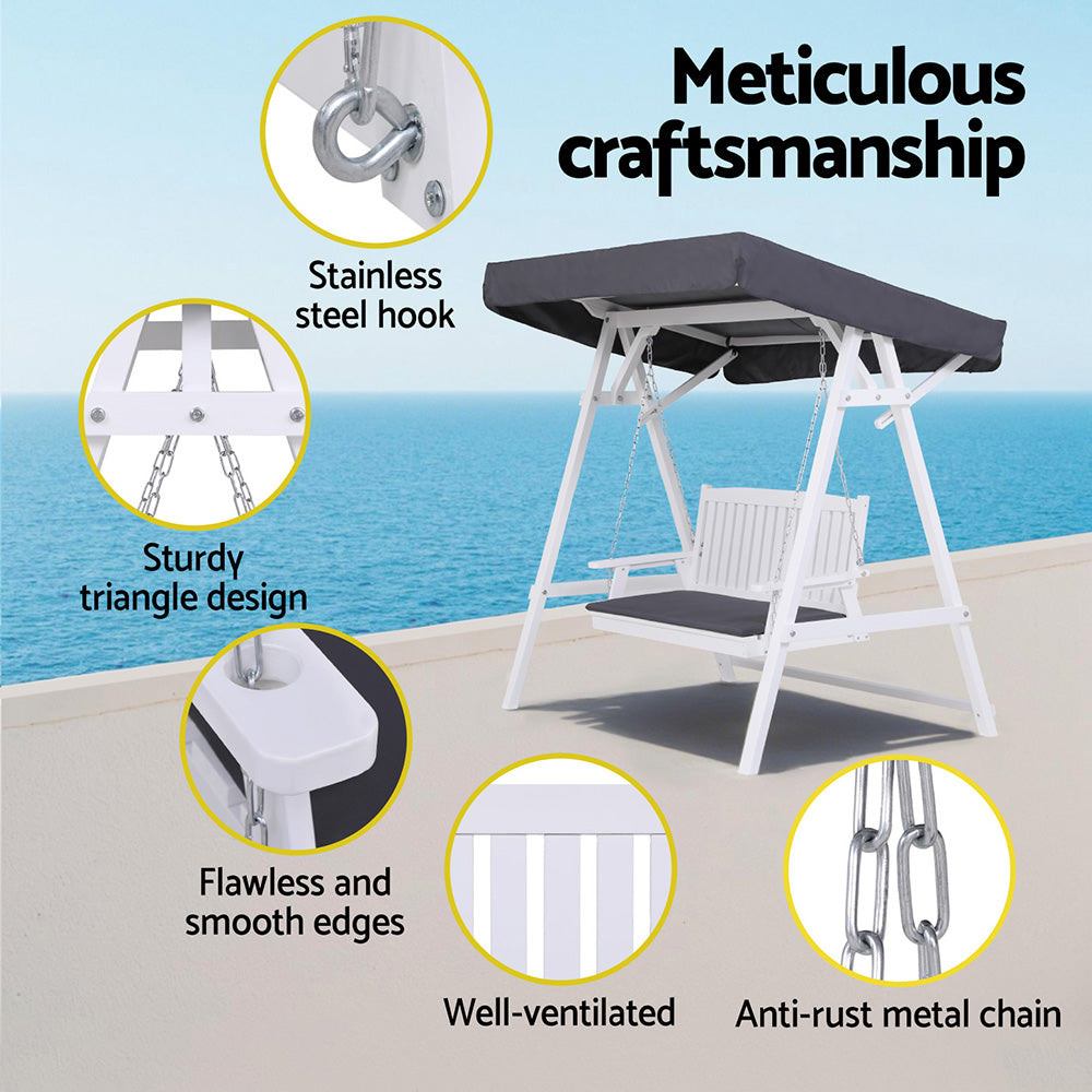 3 Seater - Outdoor Wooden Swing Chair Garden Bench Canopy Cushion 3 Seater White