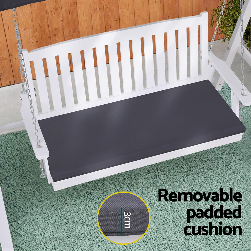 Outdoor Wooden Swing Chair Garden Bench Canopy Cushion 3 Seater White | White colour