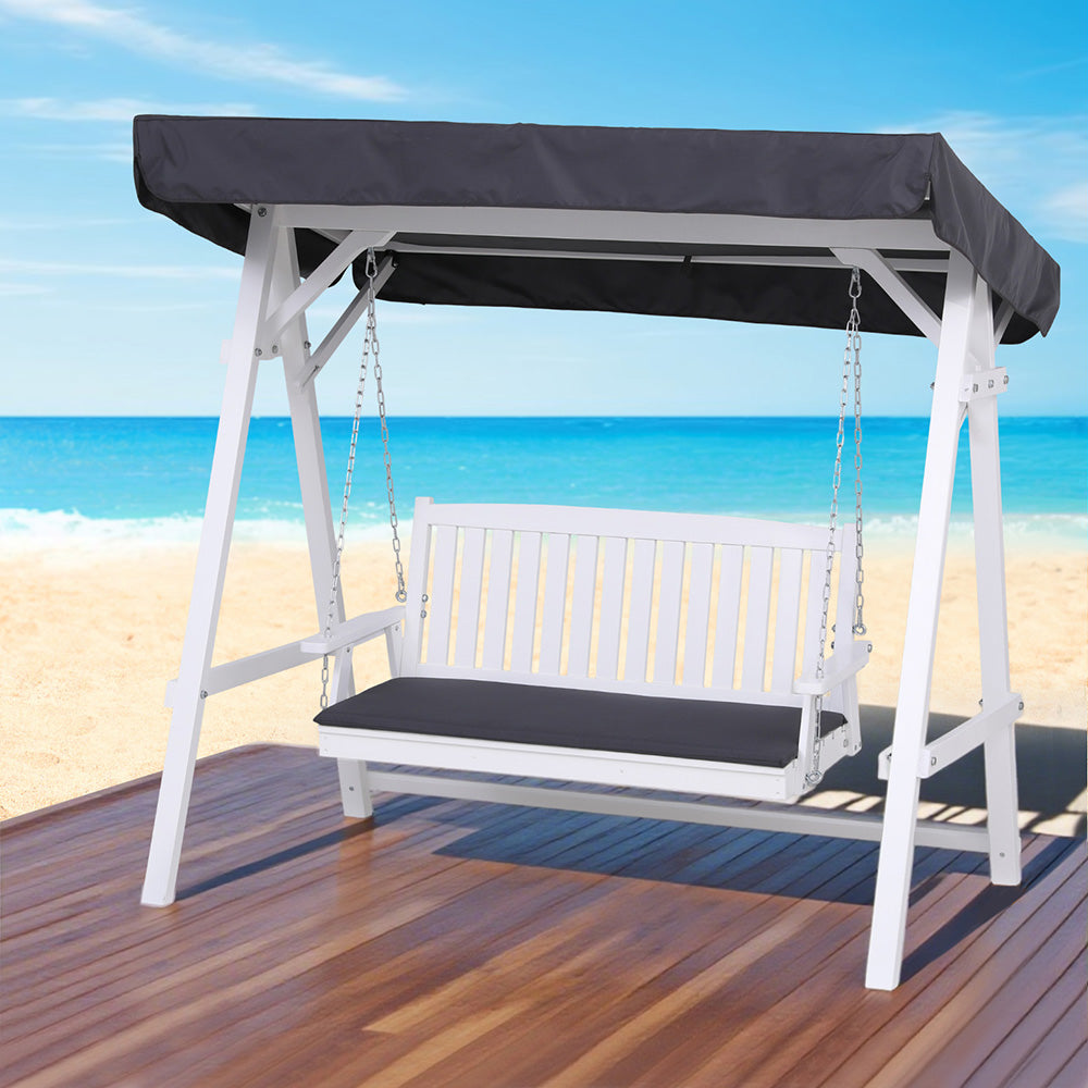 Outdoor Wooden Swing Chair Garden Bench Canopy Cushion 3 Seater White, Wooden finish