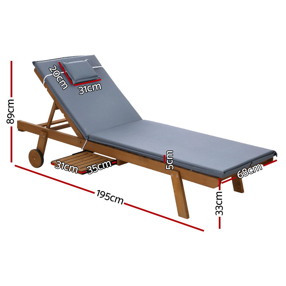 2X Sun Lounge Wooden Lounger Outdoor Furniture Day Bed Wheel Patio Grey